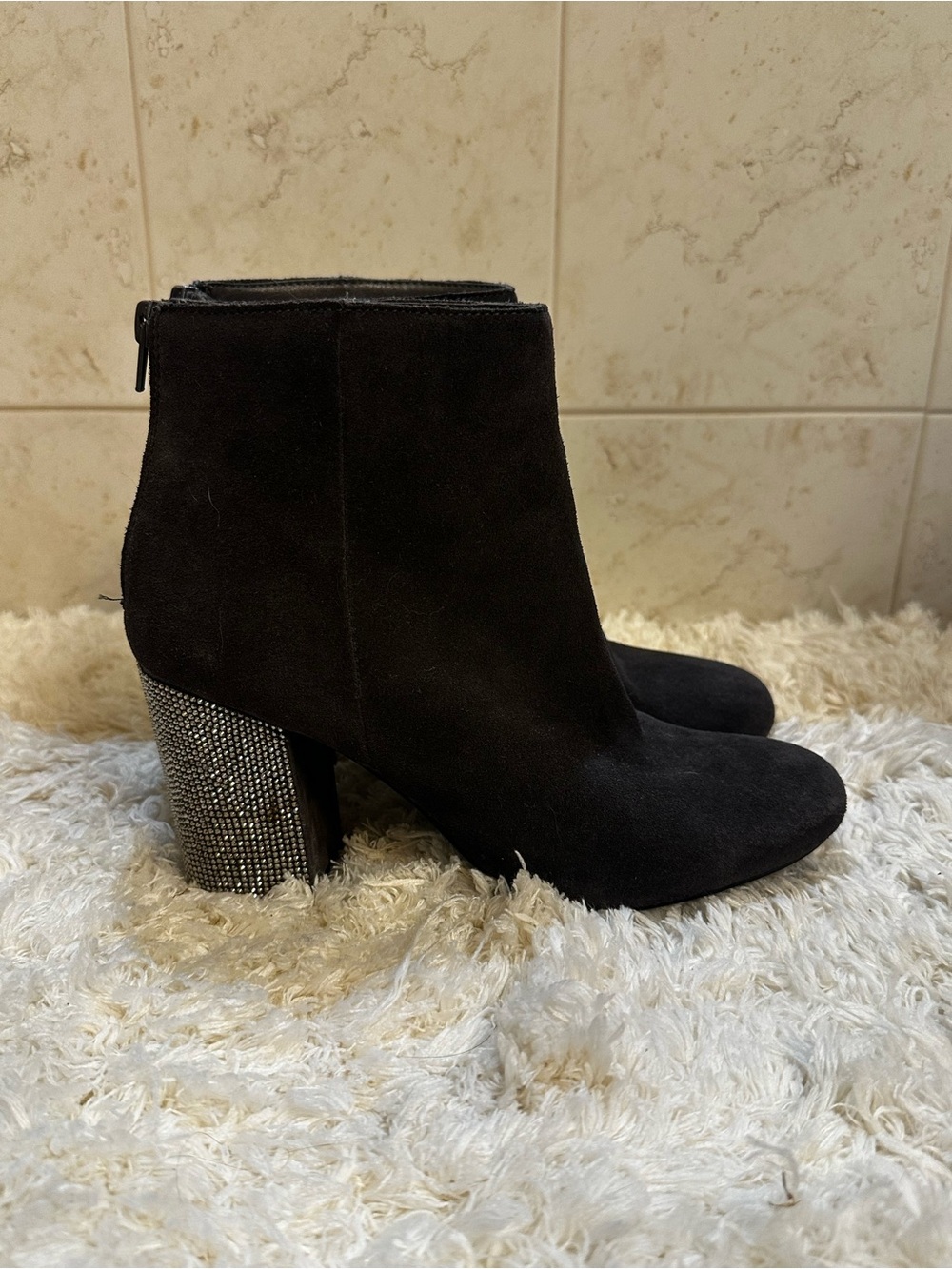 Kenneth Cole Reaction Carlyn Gray Suede Ankle Boots with Rhinestone Block Heel